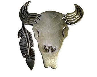 Sterling Silver Steer Bull or Cow Skull with Feather Southwestern Brooch