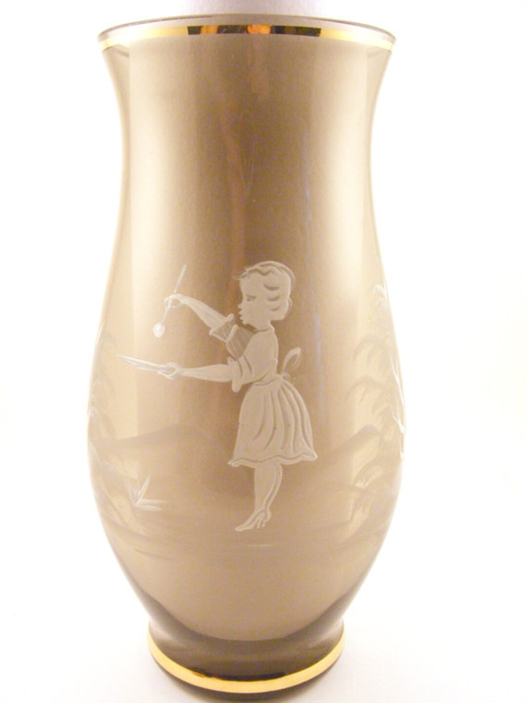 Vintage Mary Gregory Style Glass Vase - Smoky Topaz - Bohemian - Girl ...