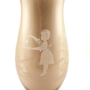 Vintage Mary Gregory Style Glass Vase - Smoky Topaz - Bohemian - Girl with Trees - Large Fluted - Hand Painted Vase