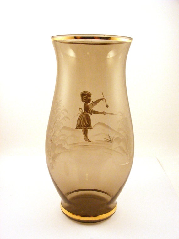Vintage Mary Gregory Style Glass Vase - Smoky Topaz - Bohemian - Girl ...