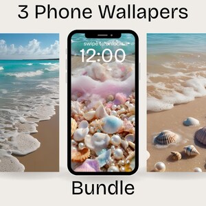 May include: Three phone wallpapers featuring a beach scene with white sand, blue water, and seashells. The middle wallpaper shows a phone screen with the time 12:00 and the text "swipe to unlock".