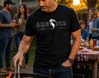 America Bald Eagle Graphic Tee, Life Liberty Patriotic Quote T-Shirts, USA Pride Shirt