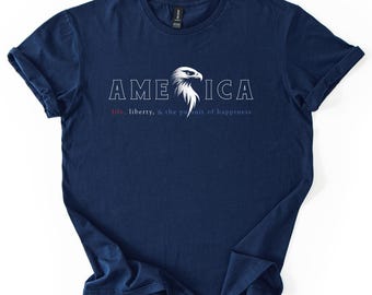 America Bald Eagle Graphic Tee, Life Liberty Patriotic Quote T-Shirts, USA Pride Shirt