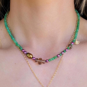 Collier en chrysoprase de perles colorées et quartz fumé | Collier chrysoprase | Ras de cou en pierres semi-précieuses | Collier en or 14 carats avec pierres précieuses