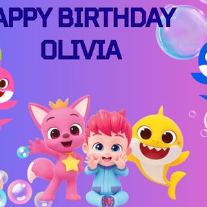 Puede incluir: Un gráfico de cumpleaños colorido con el texto "HAPPY BIRTHDAY OLIVIA". La imagen presenta tiburones de dibujos animados, un personaje de zorro rosa y un niño con un atuendo azul, sobre un fondo degradado con burbujas.