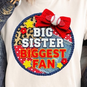 Camiseta de béisbol con diseño de parche falso PNG de la hermana mayor y fanática más grande, diseño de leopardo, diseño de mezclilla, lazo coqueto, gráfico de sublimación para el día del juego de hermanos