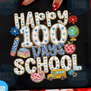 100 Days of School PNG | Faux Chenille Patch, School Bus (Sublimation Download)
