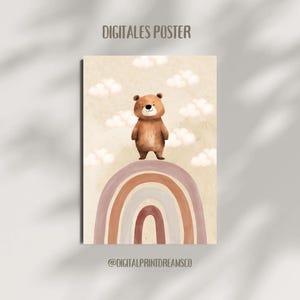 Póster infantil arcoíris con oso y nubes en beige - en tonos tierra - cuadro de pared - estilo acuarela escandinavo