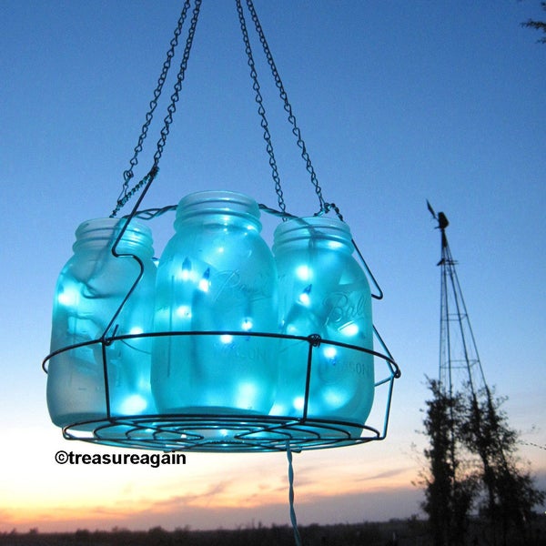 Icy Blue Wedding Mason Jar Chandelier Hanging Blue Lighting, Home Decor, Weddings, Parties, Lights, Mason Jar Lights