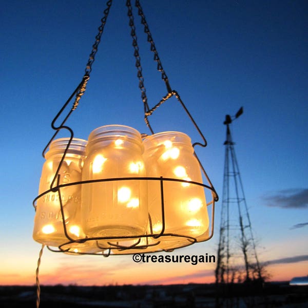 Frosted Mason Jar Chandelier Lighting 6 Antique Ball Pint Jars Vintage Canning Basket, Weddings, Home Decor, Original Design