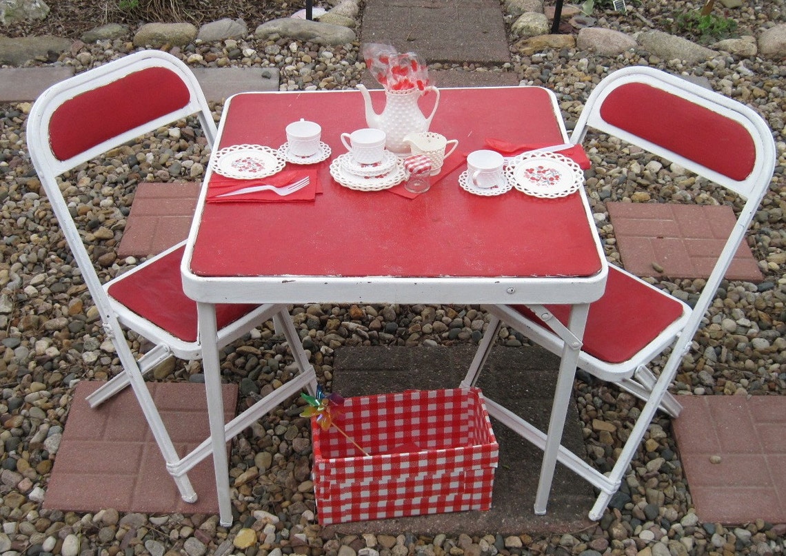 Vintage Child's Table and Chairs Folding 1950s Red and Etsy