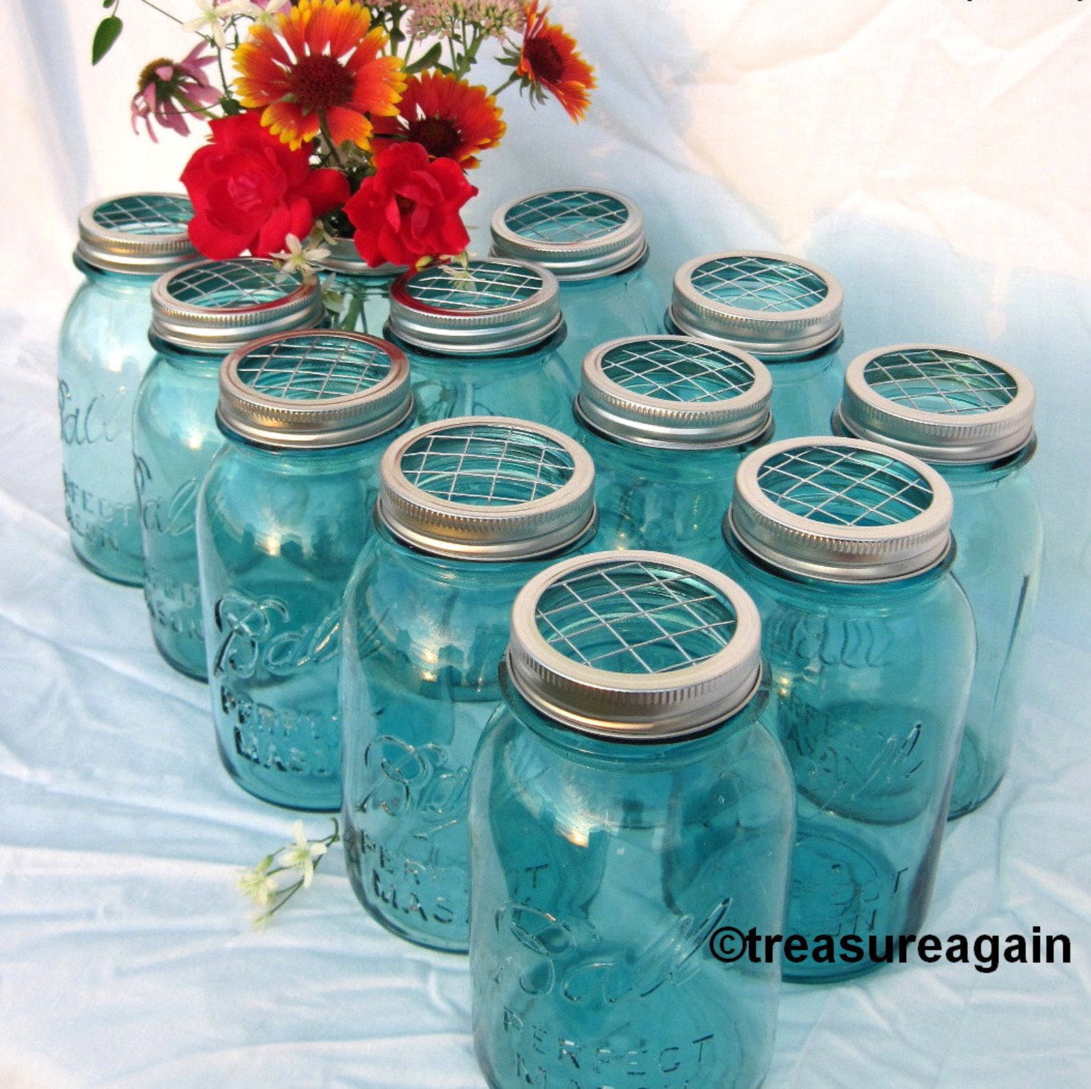 Mason Jar Vase Flower Frog Lid Antique Blue Mason Jars Ball Etsy