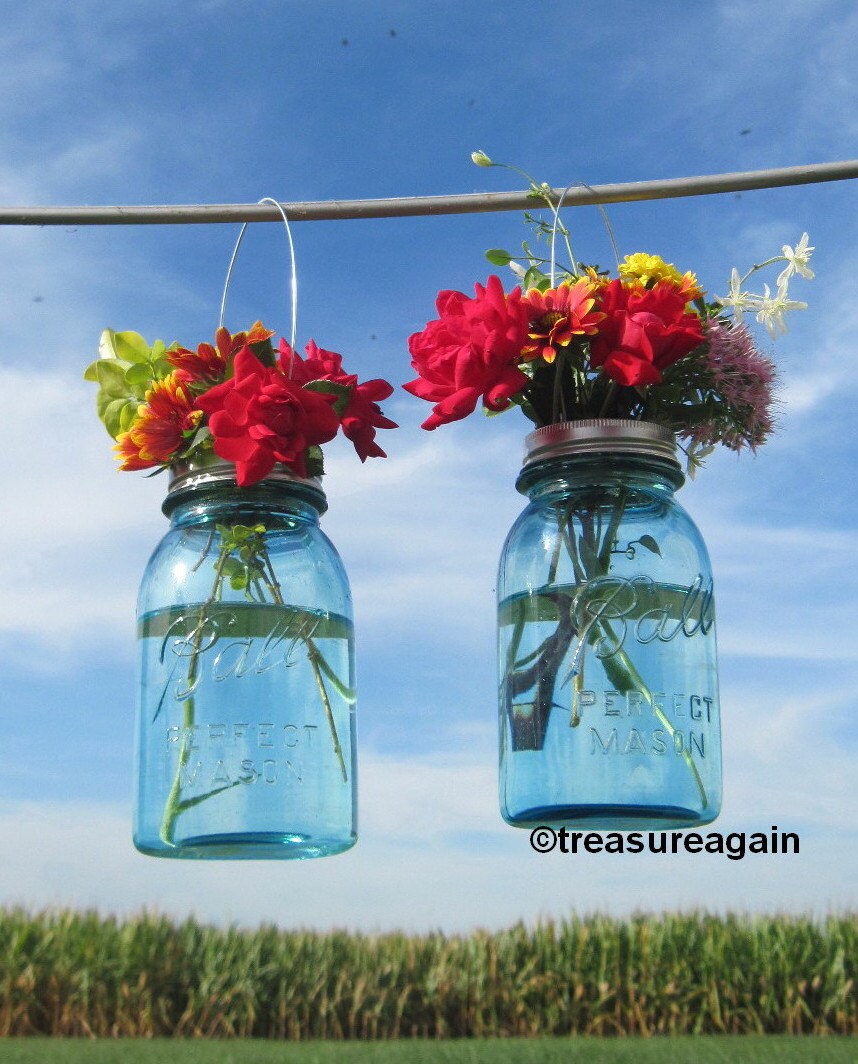 2 Hanging Mason Jar Vases with Flower Frog Lids Wedding Mason Etsy