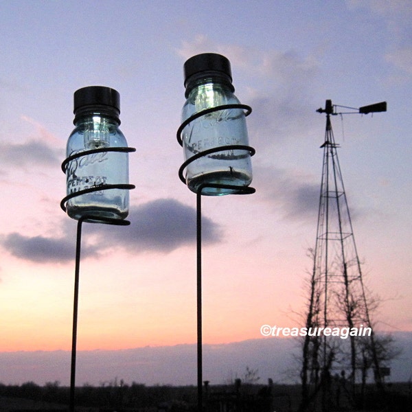 Mason Jar Garden Stakes 2 Holders with Mason Jar Solar Lights, Mason Jar Lanterns, Outdoor Lighting Outdoor Garden Decor