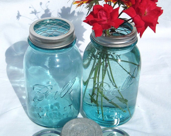 Mason Jar Vase Flower Frog Lid Antique Blue Mason Jars, Ball Zinc Lid