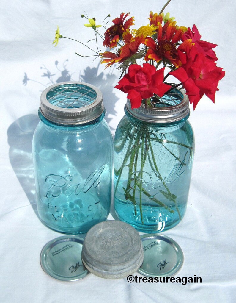 Mason Jar Vase Flower Frog Lid Antique Blue Mason Jars Ball Etsy