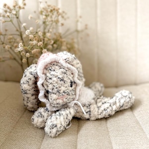 Crochet Bunny Snuggler | Crochet Amigurumi Bunny | White Speckled Bunny Lovey With Pink and White Ruffled Bonnet | Baby Shower Birthday Gift