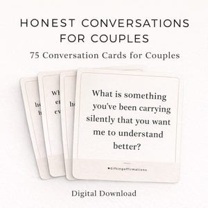May include: A stack of conversation cards for couples, featuring the text "Honest Conversations for Couples." The cards are white with rounded corners, and one card displays a question. The image also includes a circular graphic that says "75 Cards."