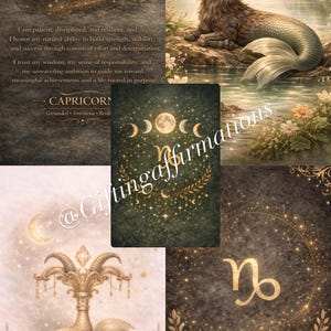May include: A collage of images featuring Capricorn themes. Includes a goat-mermaid creature, a crescent moon, and the Capricorn symbol. The text includes affirmations about patience, discipline, and resilience. The overall aesthetic is soft and ethereal.