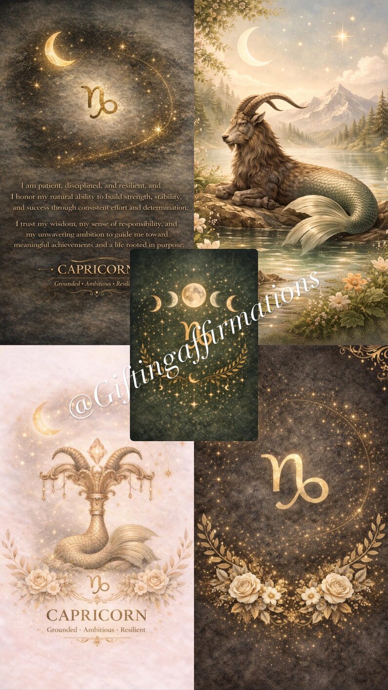 May include: A collage of images featuring Capricorn themes. Includes a goat-mermaid creature, a crescent moon, and the Capricorn symbol. The text includes affirmations about patience, discipline, and resilience. The overall aesthetic is soft and ethereal.