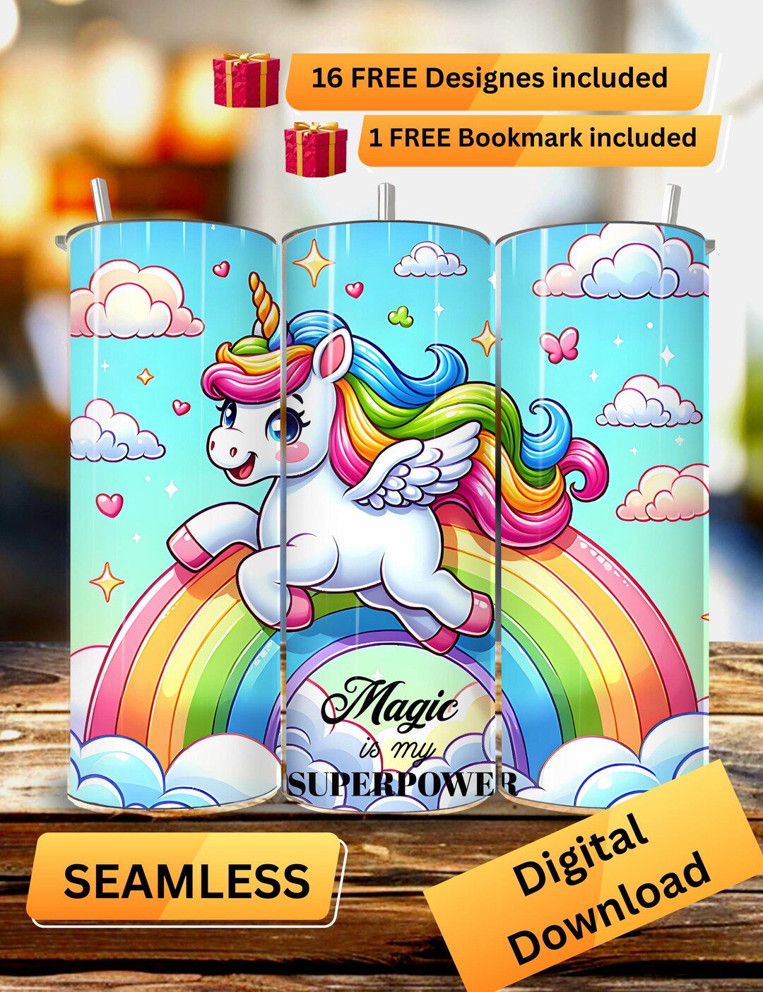 Rainbow Unicorn Tumbler Wrap: Kawaii Sublimation Design (PNG Digital ...