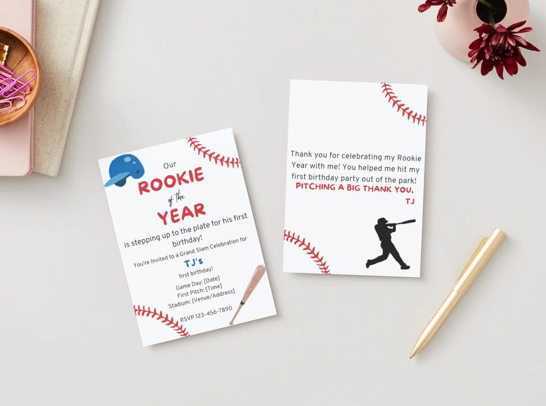 Rookie Year-themed Birthday Invitation & Thank You Card Template ...