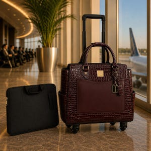 Könnte beinhalten: Burgunderfarbene Roll-Tote-Tasche mit krokodilartiger Textur, passender Laptoptasche und schwarzem Griff. Die Tasche hat eine Vordertasche und ein goldfarbenes Emblem. Die Laptoptasche ist schwarz.