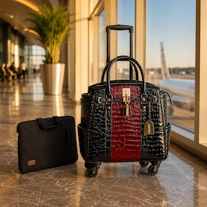 Könnte beinhalten: Ein schwarzer und roter Rollkoffer mit einem strukturierten, krokodilartigen Muster. Der Koffer hat einen ausziehbaren Griff und kleine Räder. Eine schwarze Laptoptasche befindet sich links vom Koffer. Der Hintergrund zeigt ein Flughafenterminal.