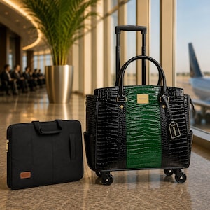 Könnte beinhalten: Ein schwarzer Rollkoffer mit grünem Mittelstreifen und eine passende schwarze Laptoptasche. Der Koffer hat einen Griff und Rollen für den einfachen Transport. Die Laptoptasche hat einen Griff und ein kleines Logo.