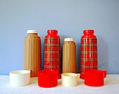 Vintage Aladdin Thermoses Bottles Red Plaid Coffee Thermoses Set Camping Picnic Lunch Soup Large Quart Insulated