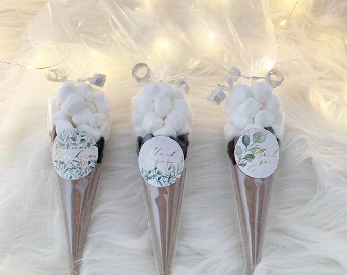 Hot Chocolate Marshmallow Cones, Custom Thank You Green Floral Label, Bridal Shower Favors, Cocoa Bombs, Gluten Free, Summer Nights, Wedding
