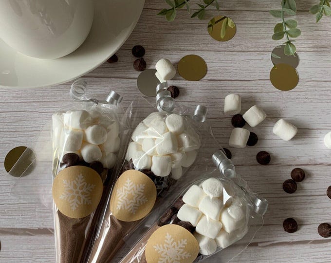 Hot Cocoa Set Cones, Custom Holiday Snowflake Label, Hot Chocolate with Marshmallows, Christmas Party Favors, Gluten Free, Birthday Candy