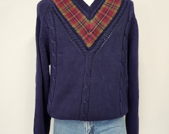 Vintage 1990's Preswick & Moore Large Navy Blue Cotton Tennis / Cricket V Neck Sweater