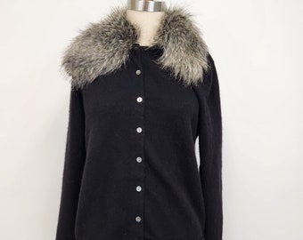 Vintage 1980's Women's Valerie Stevens Small Black 100% Cashmere Cardigan Sweater with Fur Collar