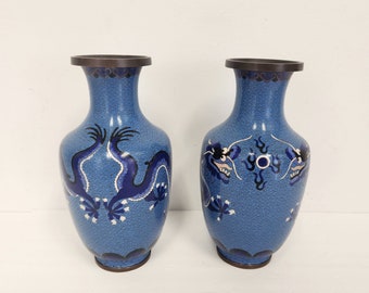 Vintage Early 1900's Pair of Blue Cloisonne Oriental 9 Inch Dragon Vases