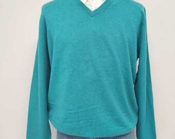 Vintage 1990's Men's Large J Crew 100% Cashmere Aqua V-Neck Sweater