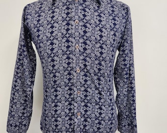 Camisa deportiva vintage McGregor Scotset de manga larga, cuello puntiagudo, talla pequeña, con estampado de bandana azul marino, años 70