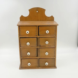 Vintage Antique 8 Drawer Spice Cabinet with Dovetail Drawers and Porcelain Knobs