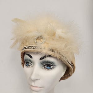 Vintage Mid Century Ladies Cream Crepe with Marabou Feathers and Rhinestone Hat