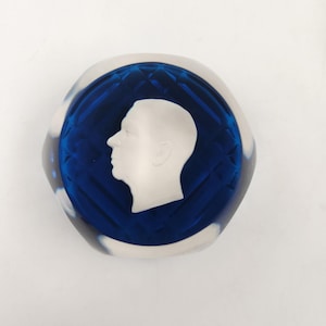Vintage Cristal D&#39;Arch King Gustav of Sweden Sulphide Blue and Clear Paperweight