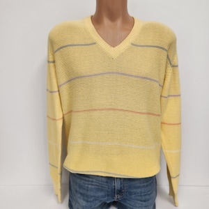 Vintage 1970&#39;s Pebble Beach Sportswear Med/Large Yellow Stripe V-Neck Sweater