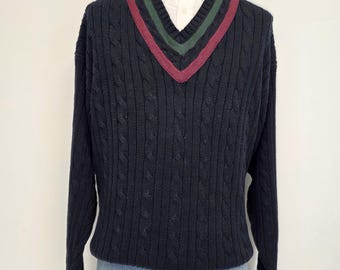 Suéter de tênis vintage Stanley Blacker tamanho XL, azul marinho, com gola V e tranças.