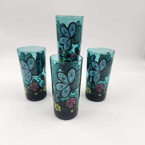 Vintage 1960&#39;s Mid Modern Set of 4 Deep Aqua Birds and Flowers Mod Drinking Glasses
