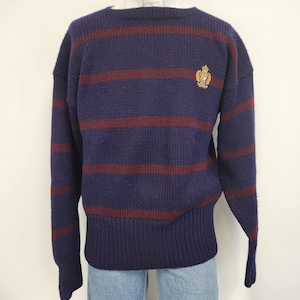 Vintage 1980&#39;s Men&#39;s Polo Ralph Lauren Navy and Burgundy Stripe Boat Neck (Crewneck) Crested Wool Sweater