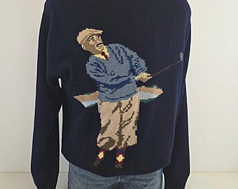Vintage Ping XL 100% Cashmere Navy Blue Golfer Crewneck Sweater