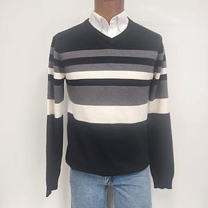Vintage Scott James Black - White and Gray Stripe Medium V-Neck Sweater
