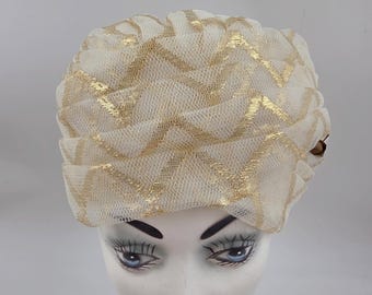 Vintage Whittall & Shon Brim Hat Gold Netting Faux Flower Sz  display picture 1