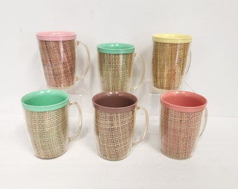 Vintage 1960's Mid Century Multi Color Plastic Raffia Insulated Coffee Cups - Set of 6