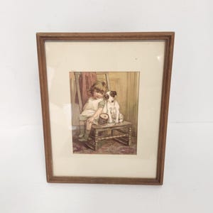 Early Mid Century Picture of a Girl - Her Dog and Drum Sitting on a Chair
