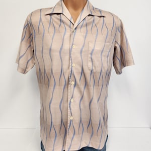 Vintage 1970&#39;s D&#39;Avila Medium Tan Ribbon Striped (Baby Blue) Spread Collar Short Sleeve Shirt